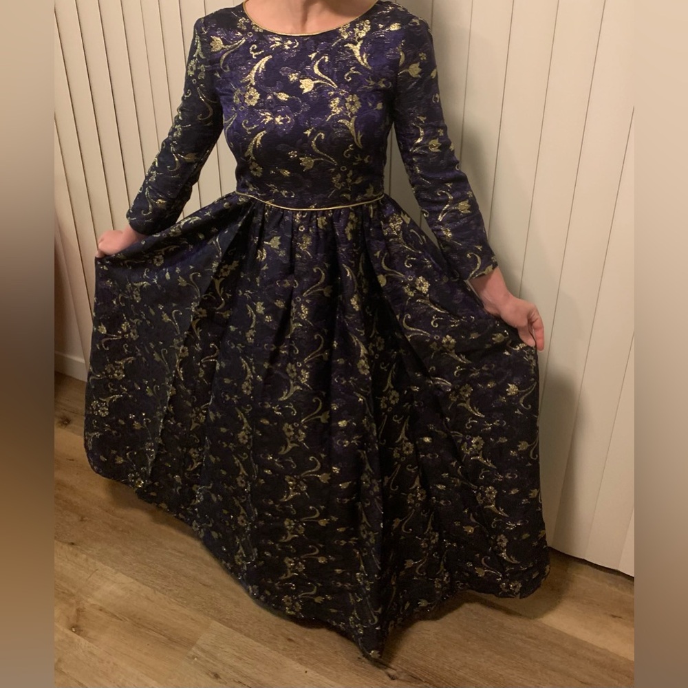 VTG Midnight blue gold lace fairytale princess dress formal gown sz small M 28”W - Picture 9 of 13